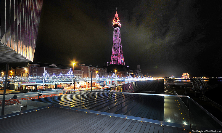 Looking out onto Blackpool Tower and the Blackpool Illuminations from Festival House, a modern seafront register office on the People's Promenade