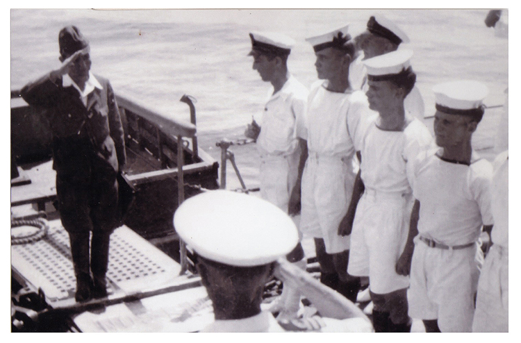 John Stanley Lawrence in Penang as part of the welcoming committee, as a Japanese Admiral came aboard ship to sign the peace treaty.