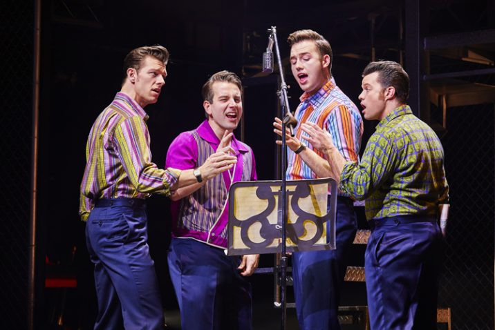 L-to-R Lewis Griffiths, Michael Watson, Declan Egan and Simon Bailey in JERSEY BOYS. Credit Brinkhoff and Mögenburg