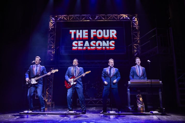 L-to-R Lewis Griffiths, Simon Bailey, Michael Watson and Declan Egan in JERSEY BOYS. Credit Brinkhoff and Mögenburg