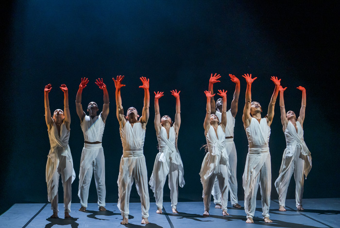 Left to right: Natalie Alleston, Aaron Chaplin, Carlos J. Martinez, Vanessa Vince-Pang, Manon Adrianow, Prentice Whitlow, Michael Marquez and Carmen Vazquez Marfil in Phoenix Dance Theatre and Opera North’s The Rite of Spring choreographed by Jeanguy Saintus. Photo by Tristram Kenton.