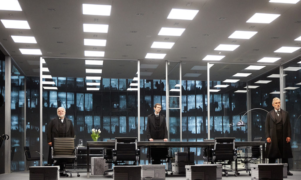 Simon Russell Beale,  Adam Godley and Ben Miles in The Lehman Trilogy at the National Theatre. Photo by Mark Douet