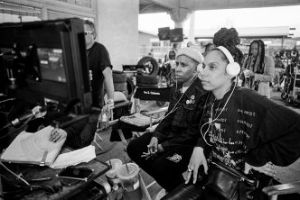 (from left) Screenwriter Lena Waithe and director Melina Matsoukas on the set of "Queen & Slim."
