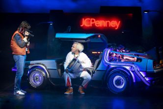 LtoR Olly Dobson as Marty McFly and Roger Bart as Doc Brown in Back to the Future, credit Sean Ebsworth Barnes