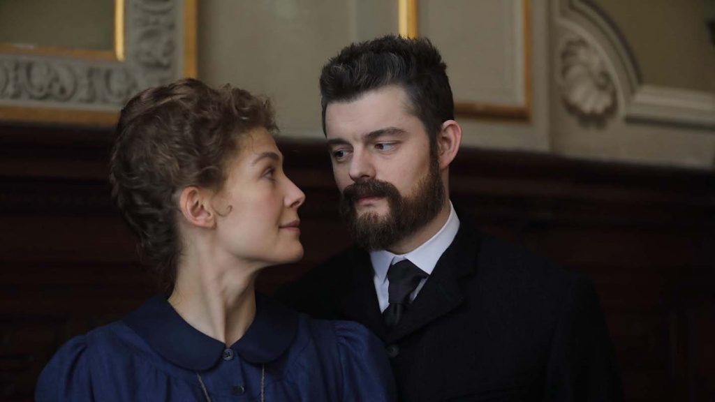 Rosamund Pike as Marie Curie and Sam Riley as Pierre Curie in Radioactive, directed by Marjane Satrapi. Photo: Laurie Sparham.