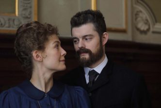 Rosamund Pike as Marie Curie and Sam Riley as Pierre Curie in Radioactive, directed by Marjane Satrapi. Photo: Laurie Sparham.