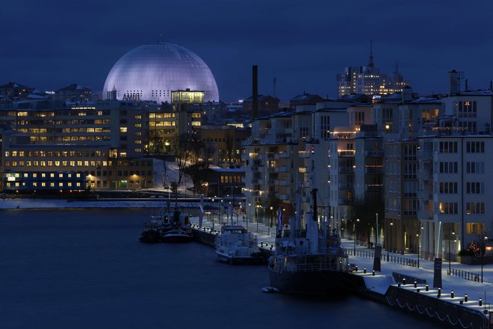 Stockholm. The Globe at night. Photo by Soren Andersson