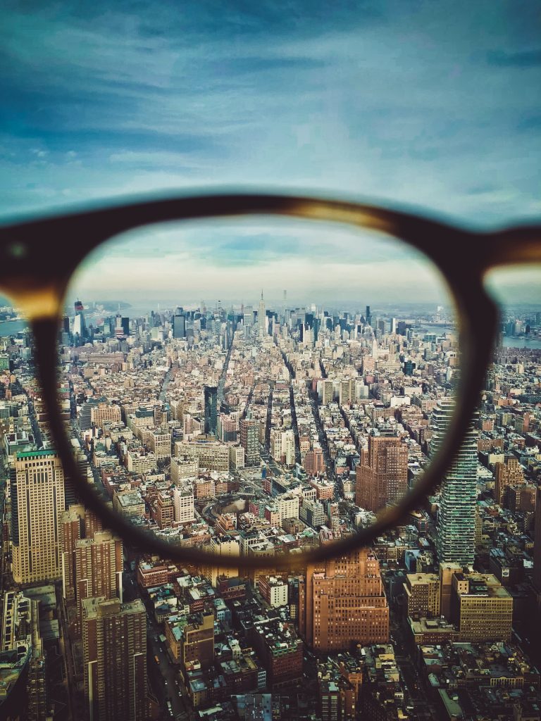 Glasses on city scape