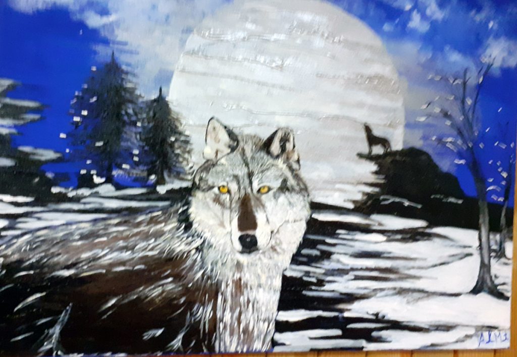 Painting in the Sanctary - wolf howling at the moon