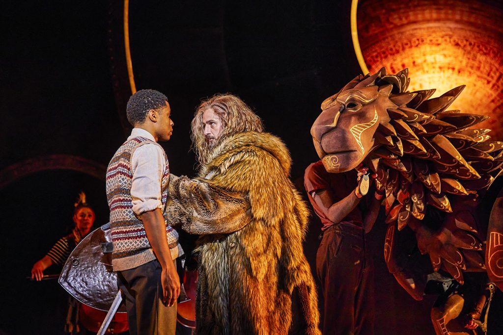 Ammar Duffus (Peter) Chris Jared (Aslan) in The Lion, Witch and the Wardrobe Photo: Brinkhoff-Moegenburg