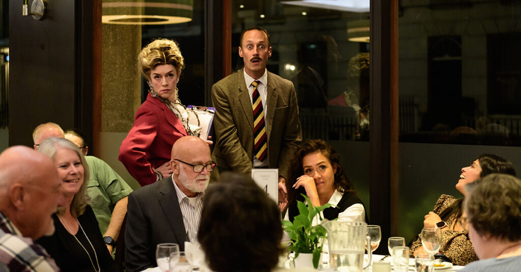Faulty Towers The Dining Experience, an interactive show, at The President Hotel, Bloomsbury, London. the cast is: Basil: Jack Baldwin
Manuel: Anthony Clegg
Sybil: Clare Buckingham. Photograph © Jane Hobson.