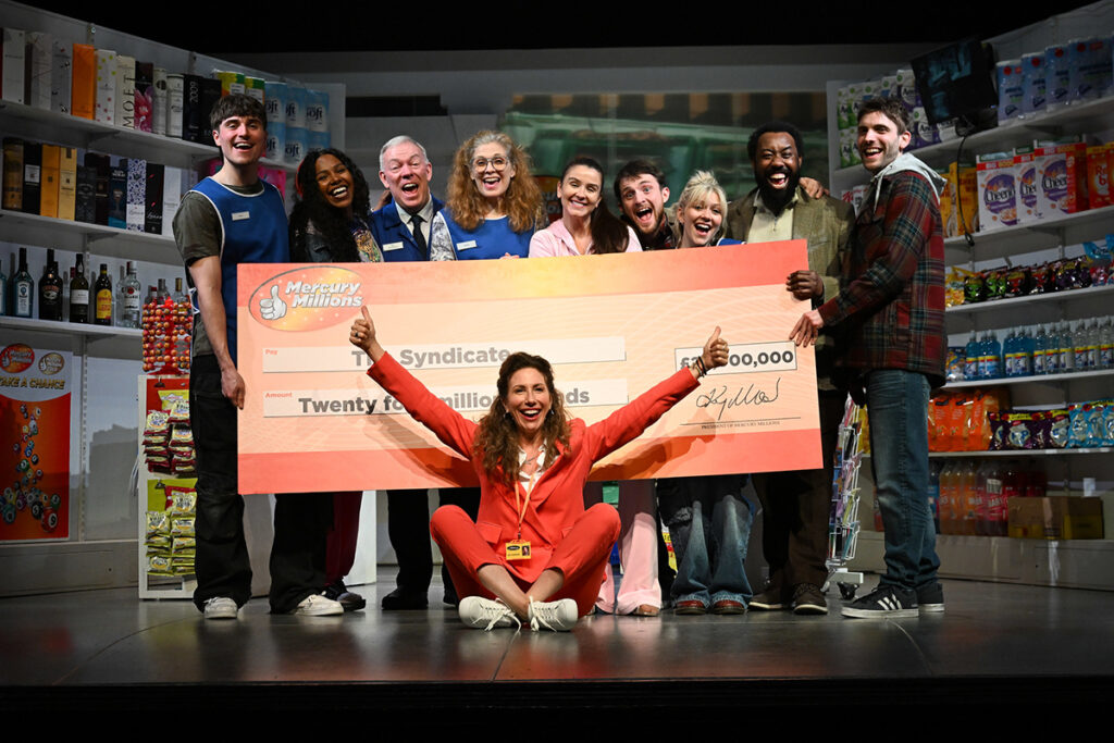 Cast members (L-R) Oliver Anthony as Jamie, Jade Golding as Annie, William Ilkley as Bob, Samantha Giles as Denise, Brooke Vincent ask Amy, Connor James Ryan, Rosa Coduri-Fulford as Leanne, Jerome Ngonadi as Newall, Benedict Shaw as Stuart, and Gaynor Faye as Kay pose at the world premiere of Kay Mellor’s final stage play, The Syndicate which tours the UK until 27 July.