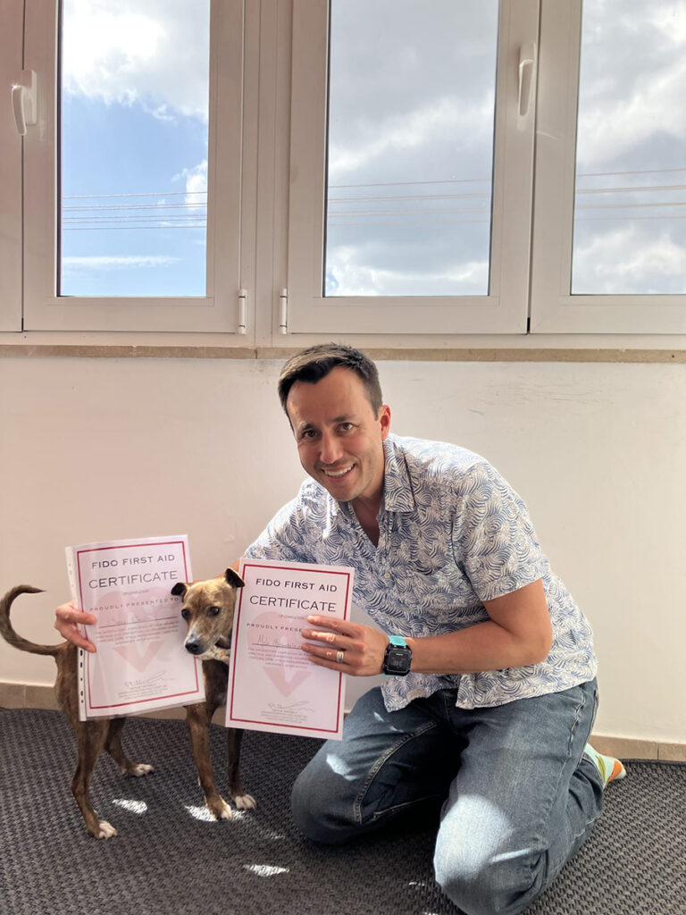 Melo & his human Dad with their doggie first aid certificates