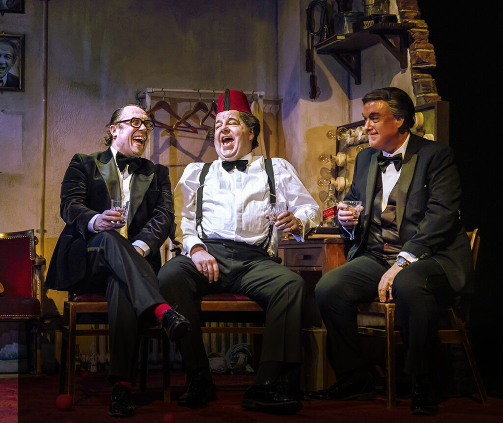 THE LAST LAUGH. Bob Golding (Eric Morecambe), Damian Williams (Tommy Cooper) and Simon Cartwright (Bob Monkhouse). Photo Pamela Raith