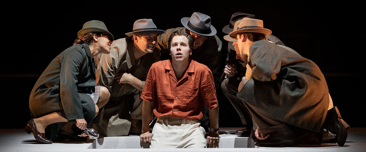 Ed McVey (centre) as Tom Ripley & the cast in THE TALENTED MR RIPLEY, credit Mark Senio