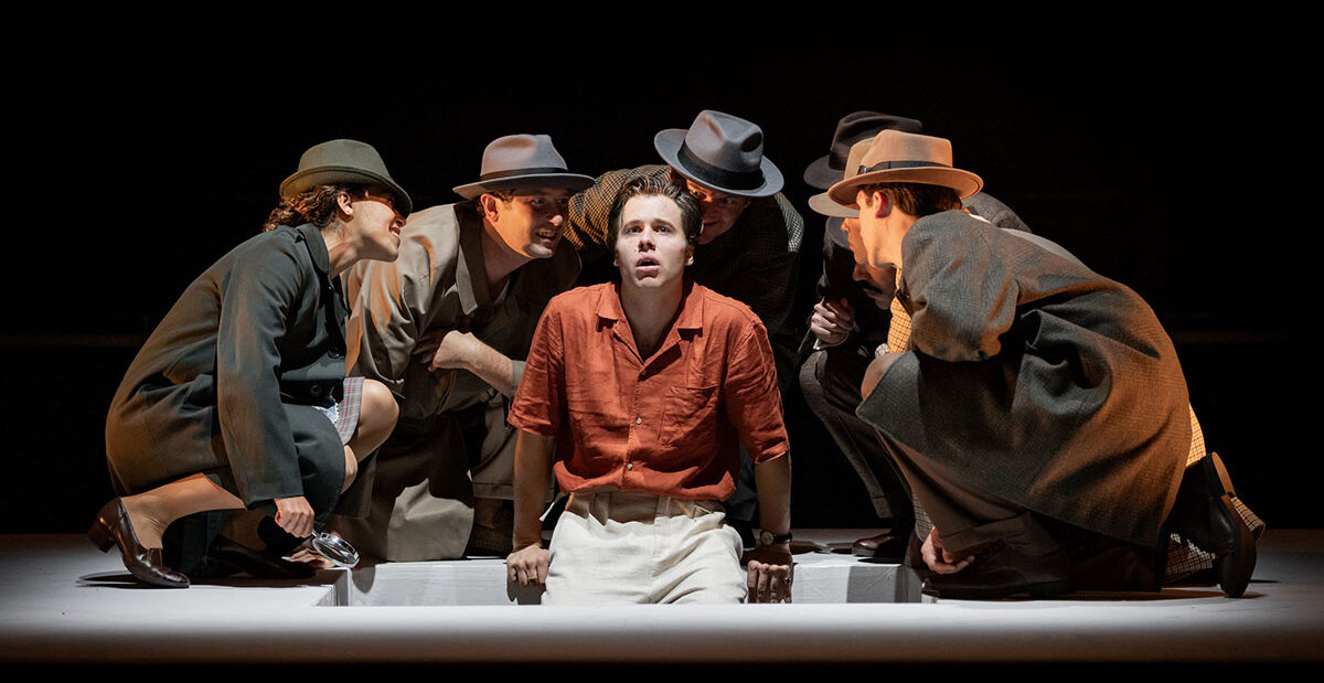 Ed McVey (centre) as Tom Ripley & the cast in THE TALENTED MR RIPLEY, credit Mark Senio