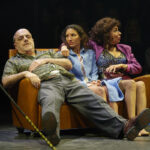 LtoR Dana Haqjoo Eddie's Dad/Mr-Bald/Tom Stanley/Brian; Lucie Shorthouse as Chantel/Claire/Linda; Shoba Gulati as Brenda/Helen/Marion in Road at the Royal Exchange Theatre Photo Ros Kavanagh