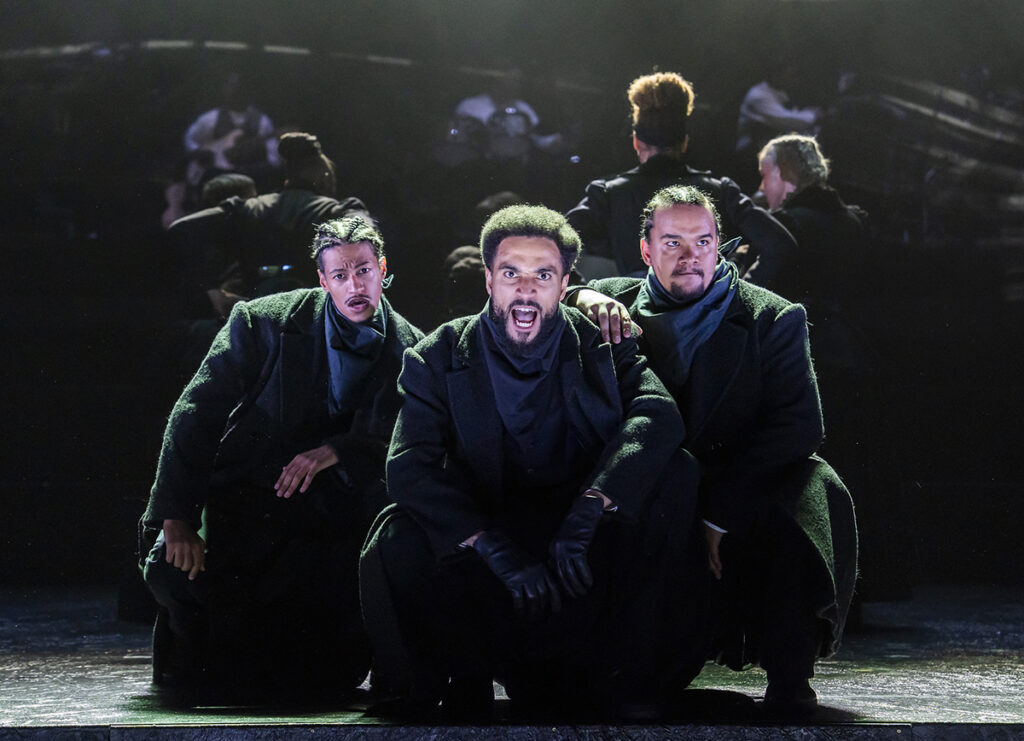 Ivano Turco (Silvio Corio/Sir Almroth Wright), Tachia Newall (Keir Hardie/Lord Cromer) and Cleve September (Lloyd George/Lord Curzon) in 2026 production of Sylvia. Photo by Tristram Kenton