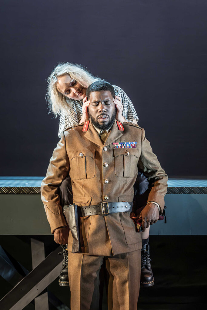 Dwane Walcott as Othello, Phoebe Smyth as Desdemona. Photo credit Marc Brenner
