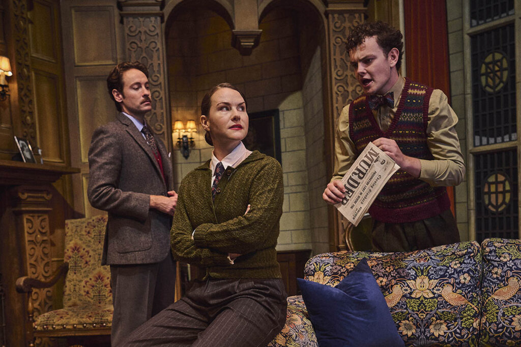 L-R Jack Hardwick as Giles Ralston, Clare Duffy as Miss Casewell & Thomas Barrett as Christopher Wren for THE MOUSETRAP UK TOUR credit Matt Crockett