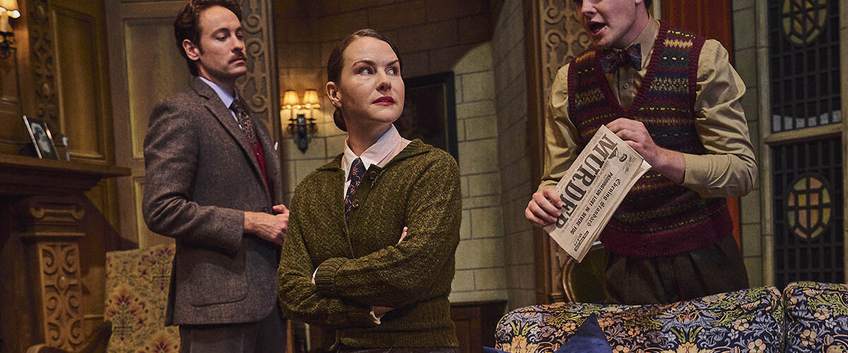 L-R Jack Hardwick as Giles Ralston, Clare Duffy as Miss Casewell & Thomas Barrett as Christopher Wren for THE MOUSETRAP UK TOUR credit Matt Crockett
