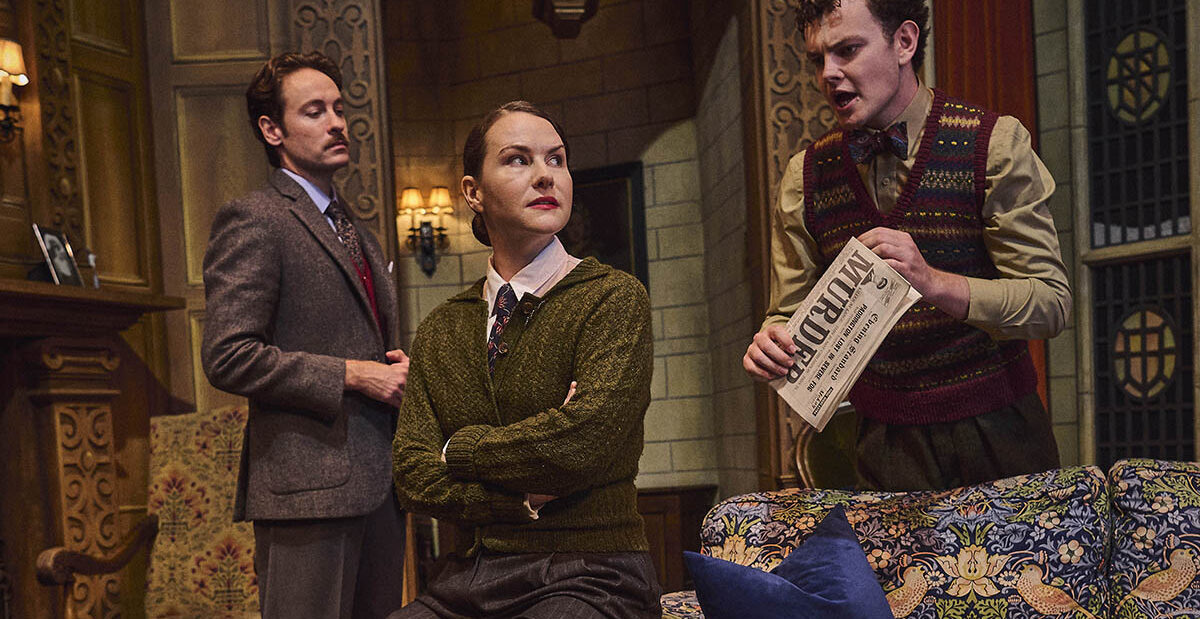 L-R Jack Hardwick as Giles Ralston, Clare Duffy as Miss Casewell & Thomas Barrett as Christopher Wren for THE MOUSETRAP UK TOUR credit Matt Crockett