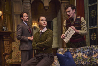 L-R Jack Hardwick as Giles Ralston, Clare Duffy as Miss Casewell & Thomas Barrett as Christopher Wren for THE MOUSETRAP UK TOUR credit Matt Crockett