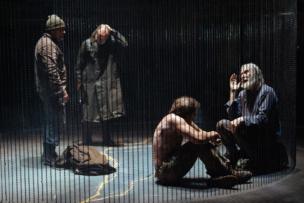LtoR Jason Done (Kent), Jonathan Slinger (Gloucester), Tom Varey (Edgar) and David Threlfall (King Lear) in King Lear at the Royal Exchange Theatre. Photo by Helen Murray