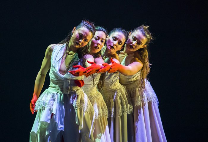 Front to back: Vanessa Vince-Pang, Manon Adrianow, Carmen Vazquez Marfil and Natalie Alleston in Phoenix Dance Theatre and Opera North’s The Rite of Spring choreographed by Jeanguy Saintus. Photo by Tristram Kenton.