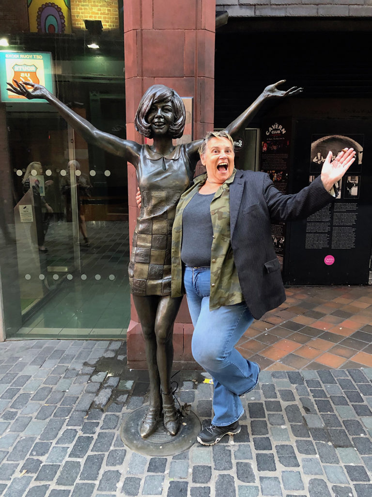 Liz with Cilla Black statue, Liverpool
