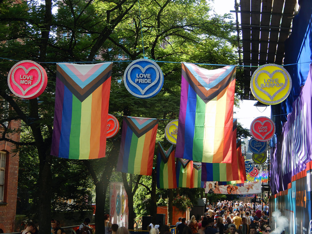 Decorative banners on Canal Street for Manchester Pride