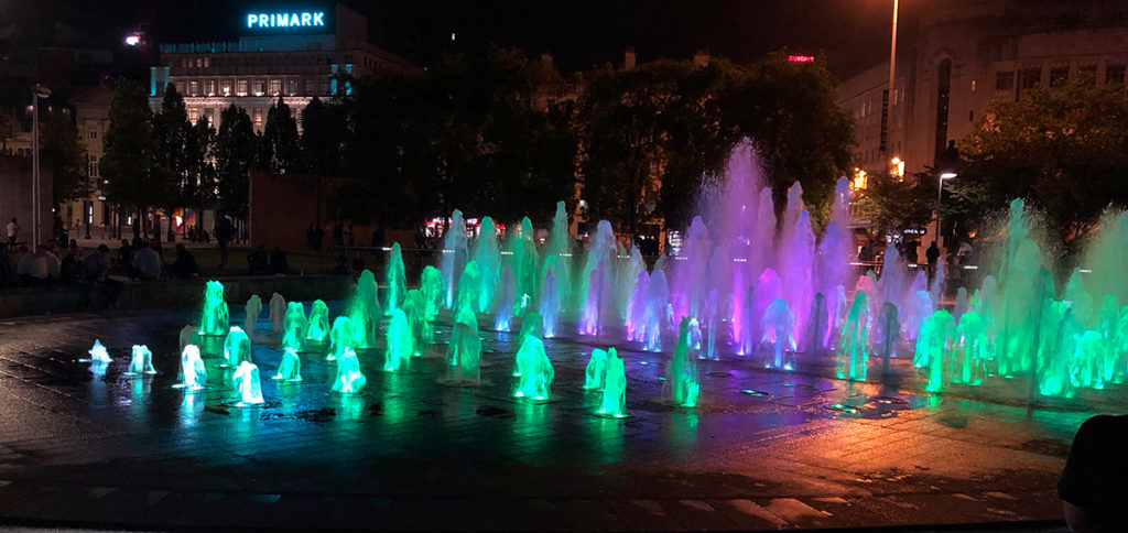 Coloured fountains at Piccadilly Gardens