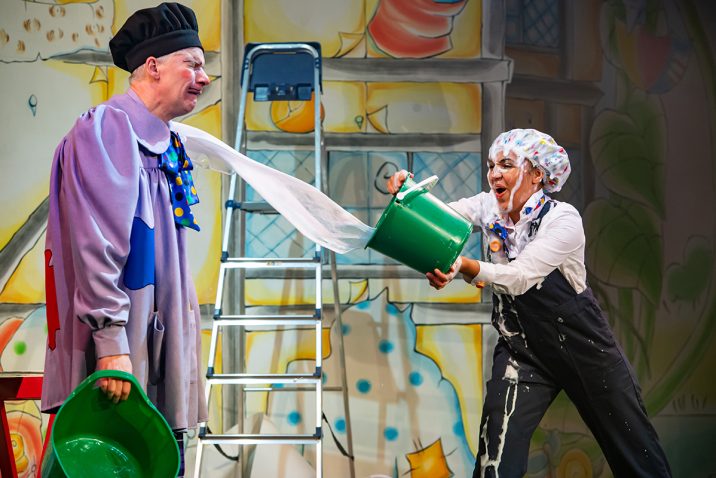 Patrick Bridman as Lord Thickpenny Grabbmuch and Sophie Mercell as Grotton in Jack and the Beanstalk pantomime at Oldham Coliseum. Credit Darren Robinson