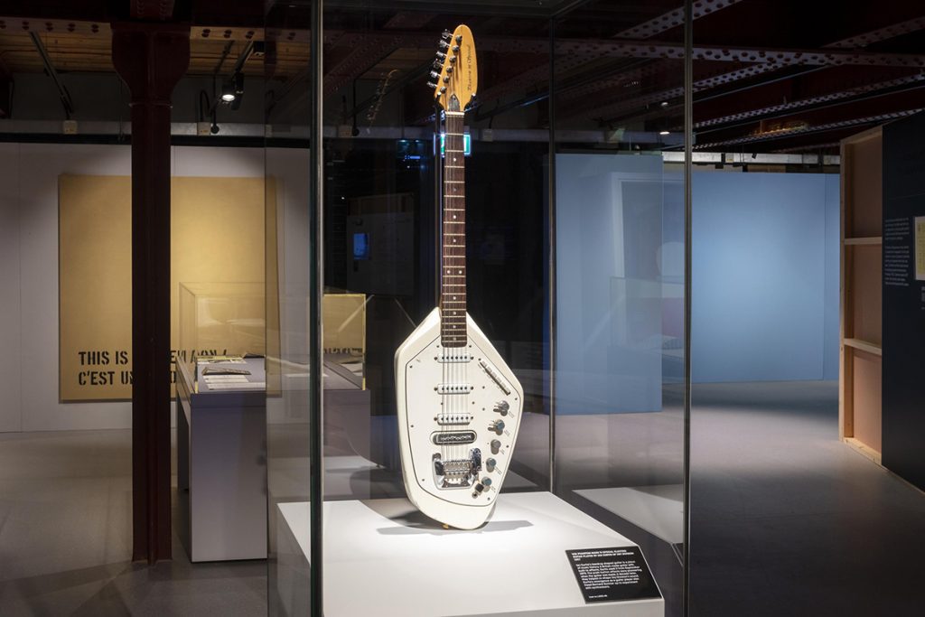 Vox Phantom Guitar as played by Ian Curtis on display in Use Hearing Protection at The Science and Industry Museum