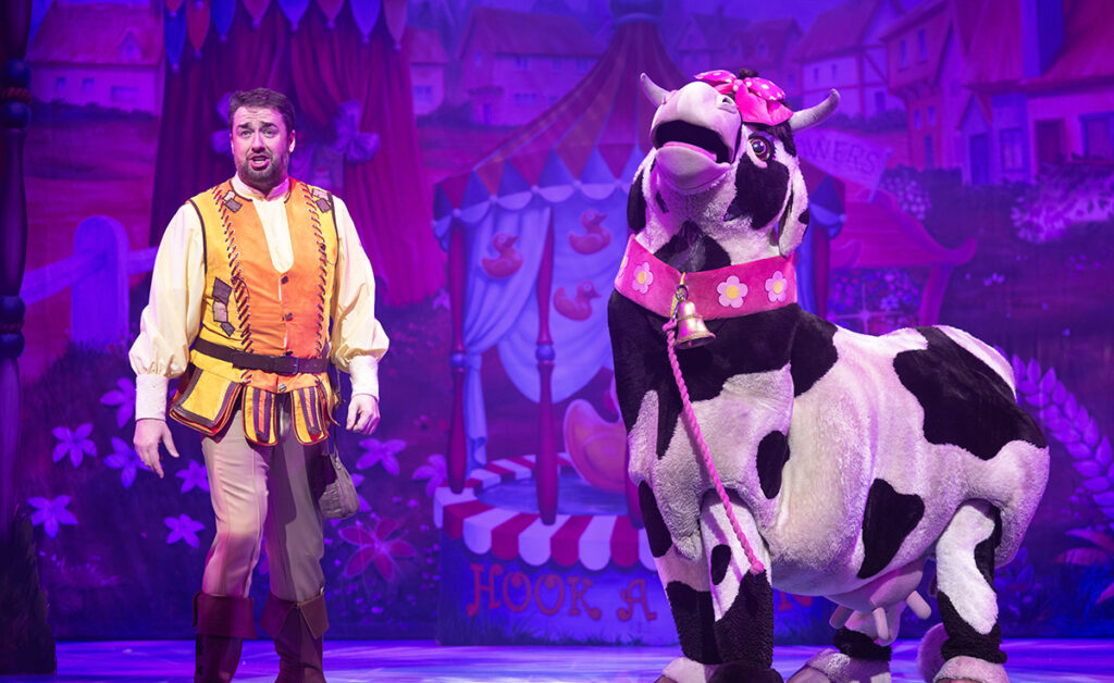 Jason Manford with a pantomime cow