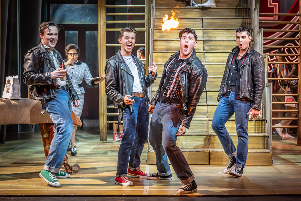 LtoR Lewis Day, Kieran Lynch, Sario Solomon & George Michaelides in GREASE UK & Ireland Tour. Credit Marc Brenner