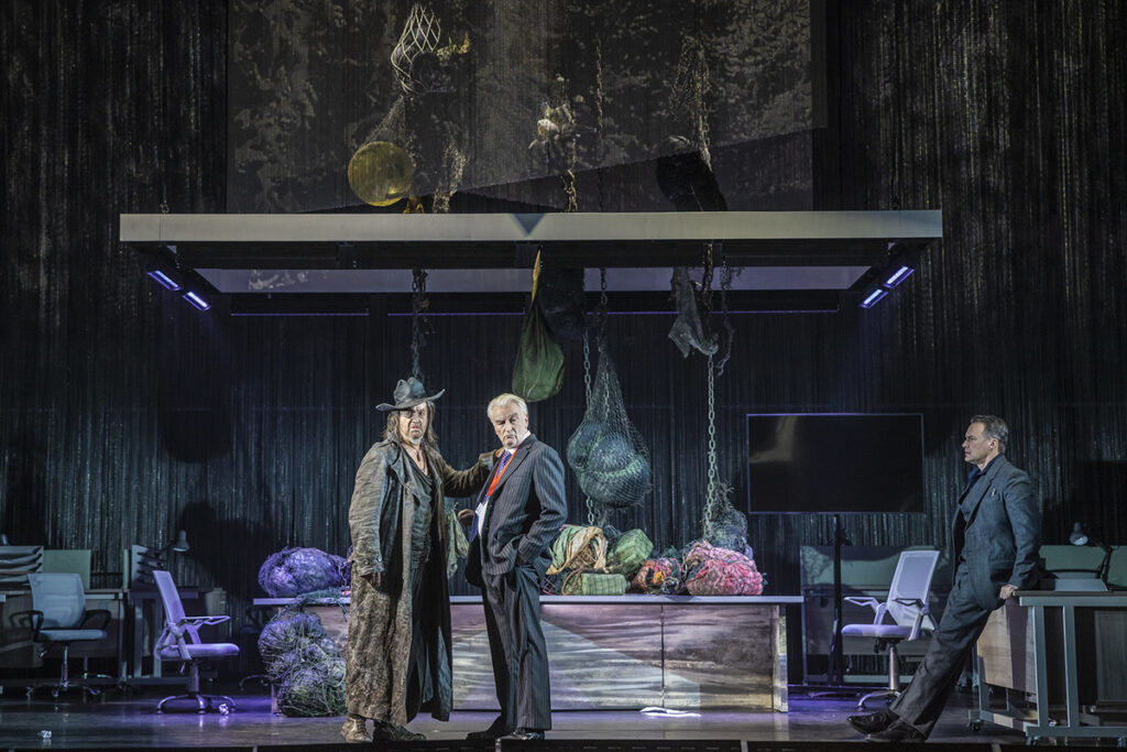Opera North’s production of Wagner’s The Flying Dutchman. Robert Hayward as The Dutchman, Clive Bayley as Daland and Edgaras Montvidas as Erik/ Steersman. Photo credit: James Glossop