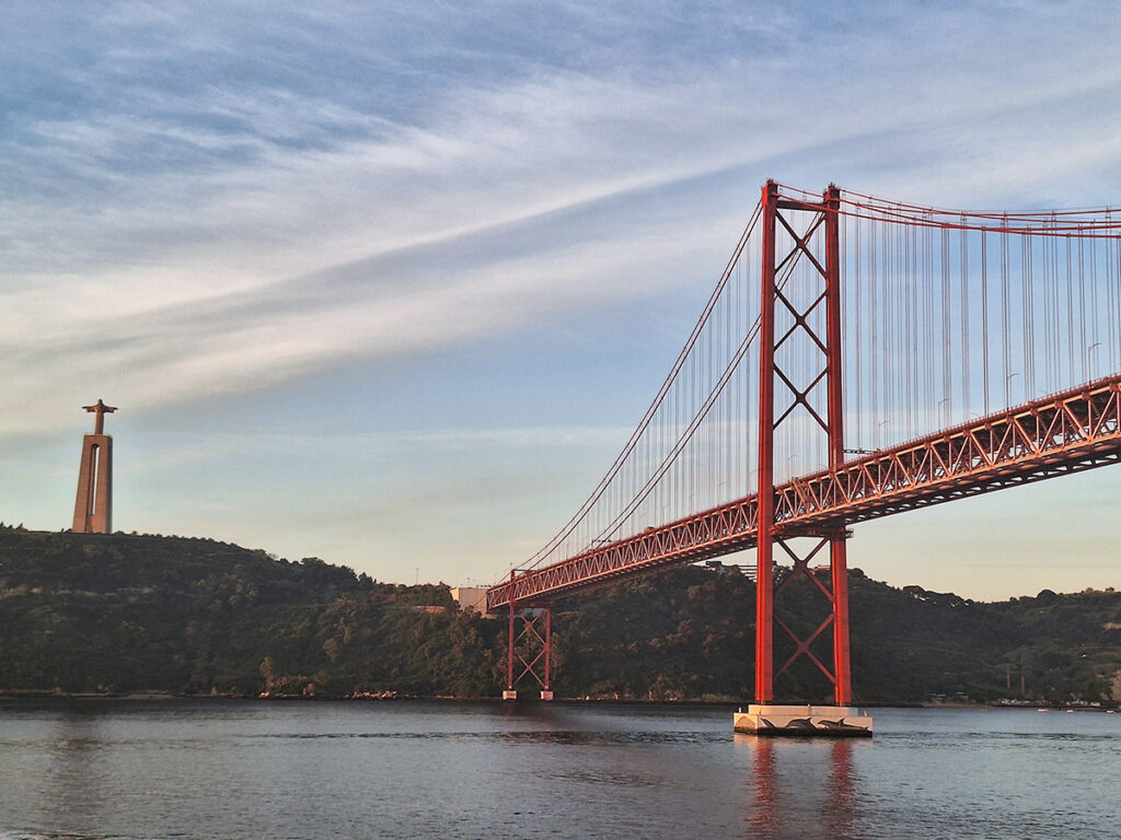 Vasco da Gama Bridge, cable-stayed bridge with approach viaducts that crosses over the Tagus River estuary in Lisbon, Portugal. Image by Lorraine Worsley Carter.