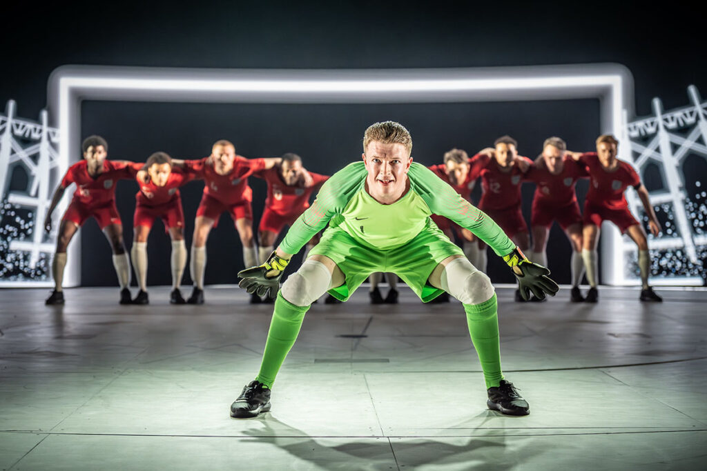 Josh Barrow (Jordan Pickford) in Dear England (2025) at the National Theatre (c) Marc Brenner