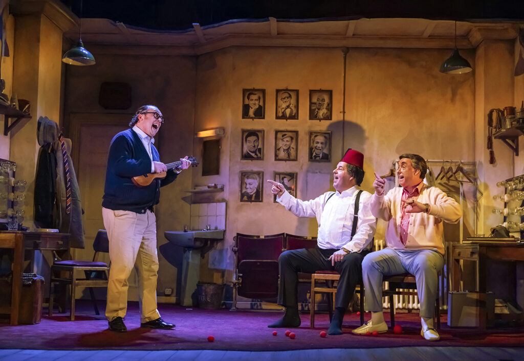 THE LAST LAUGH. Bob Golding (Eric Morecambe), Damian Williams (Tommy Cooper) and Simon Cartwright (Bob Monkhouse). Photo Pamela Raith